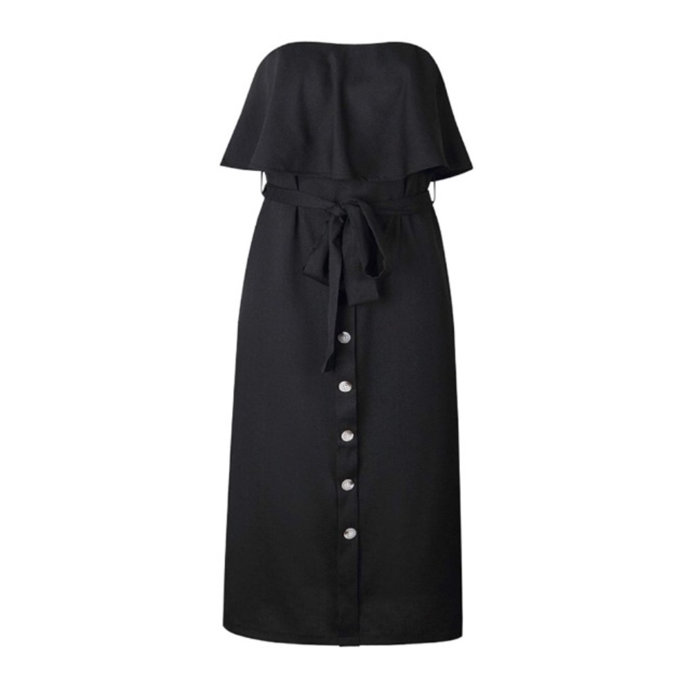 Strapless Ruffle Overlay Dress w Pockets and Belt - Picture 2 of 4